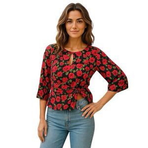 Express Womens Blouse Sz XS Floral Surplice Front Tie Boho Garden Party Y2k 90s